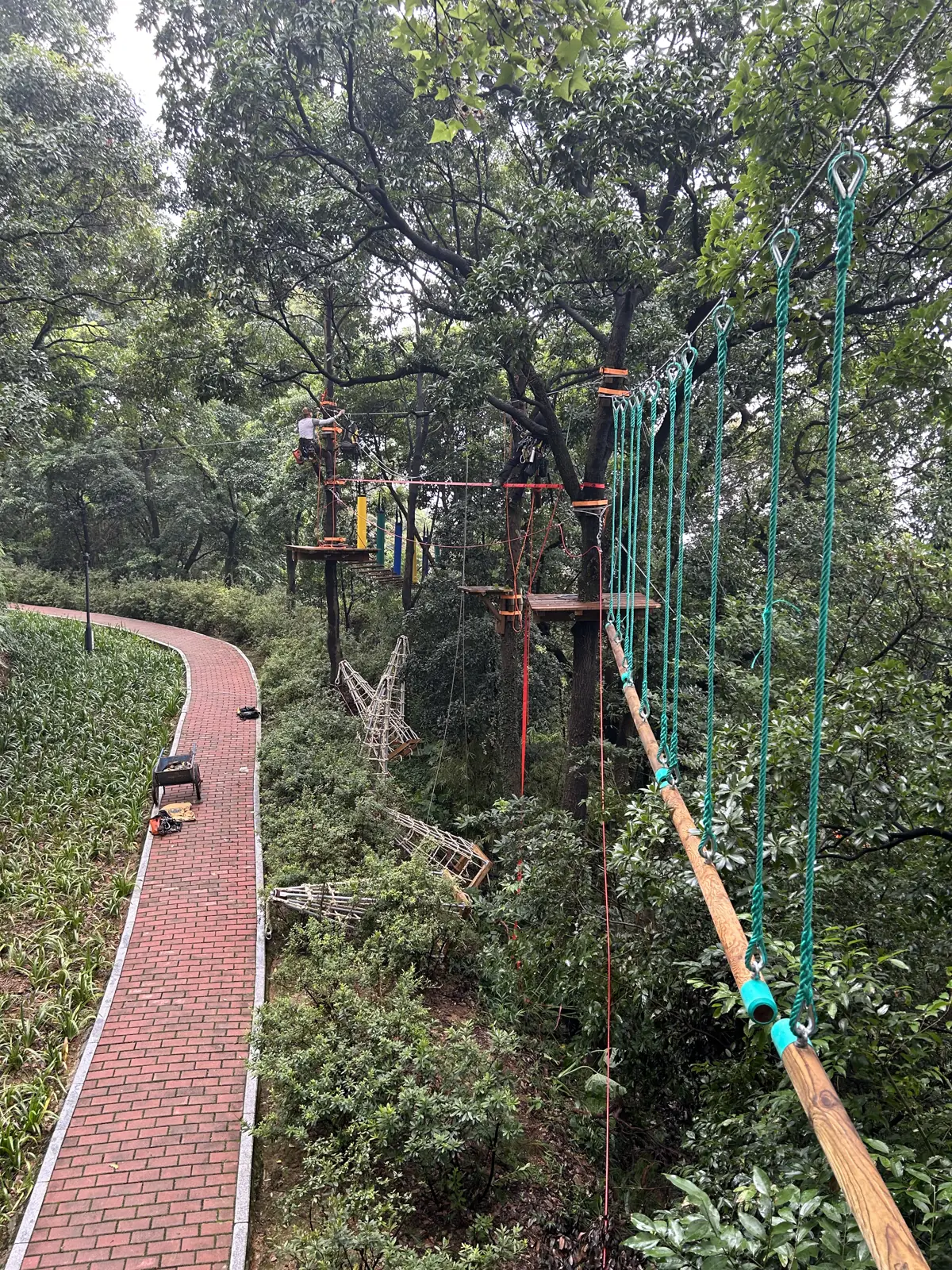 Wooden suspension bridge and elevated activities, Xiqiao Mountain